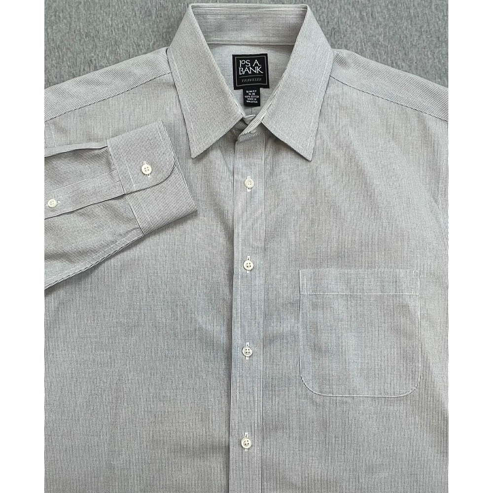 Jos A Bank Shirt Mens 16 - 35 Micro Check 100% Cotton Slim Traveler Button Up